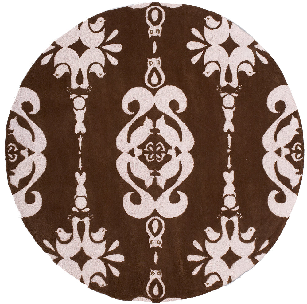 Rectangular rug with a cream damask motif on a dark brown background.
