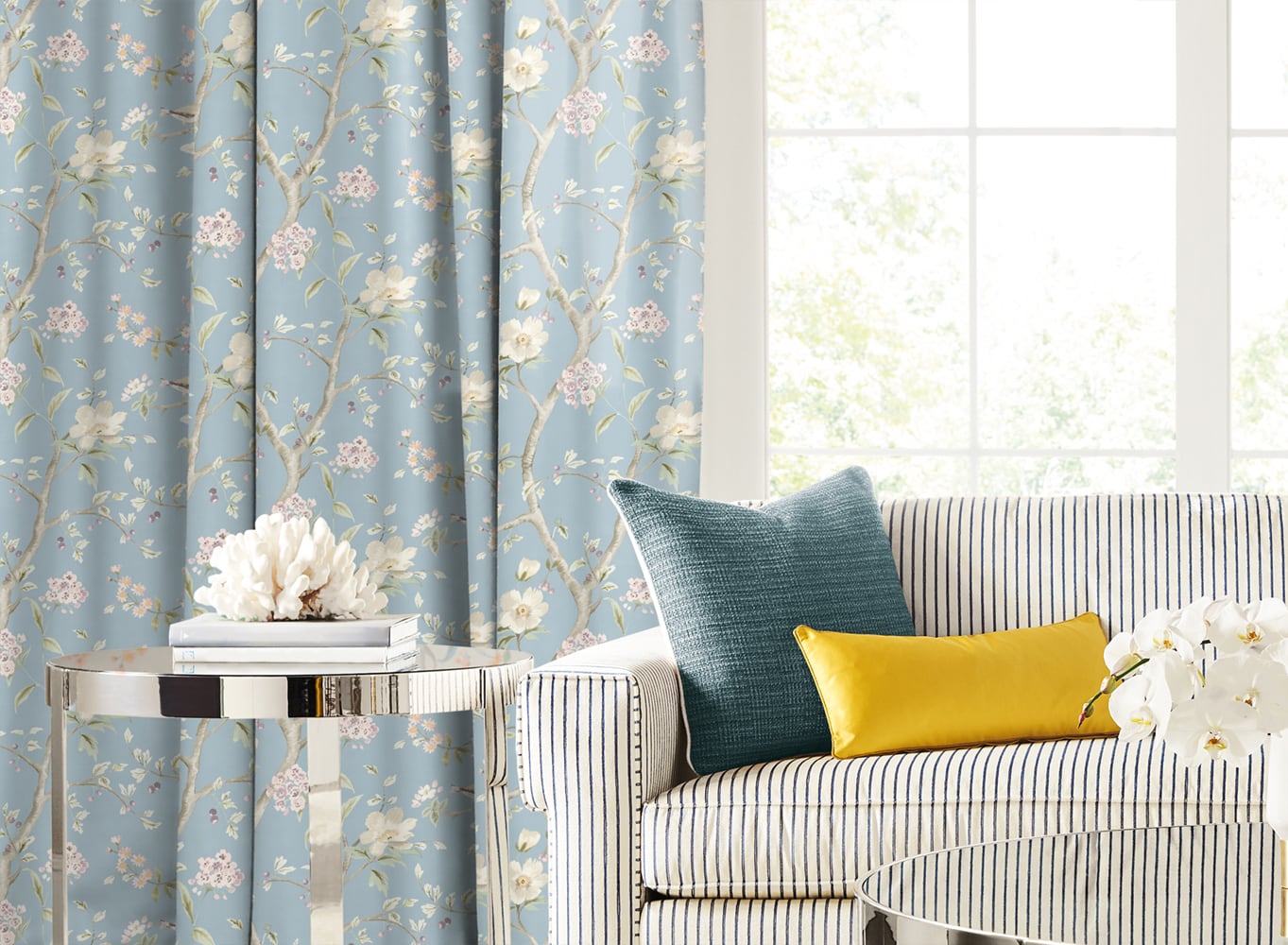 Lillian August Luxe Retreat Southport Floral Trail Fabric Chinoiserie Coastal Blue Matte Fabric - LN11912F