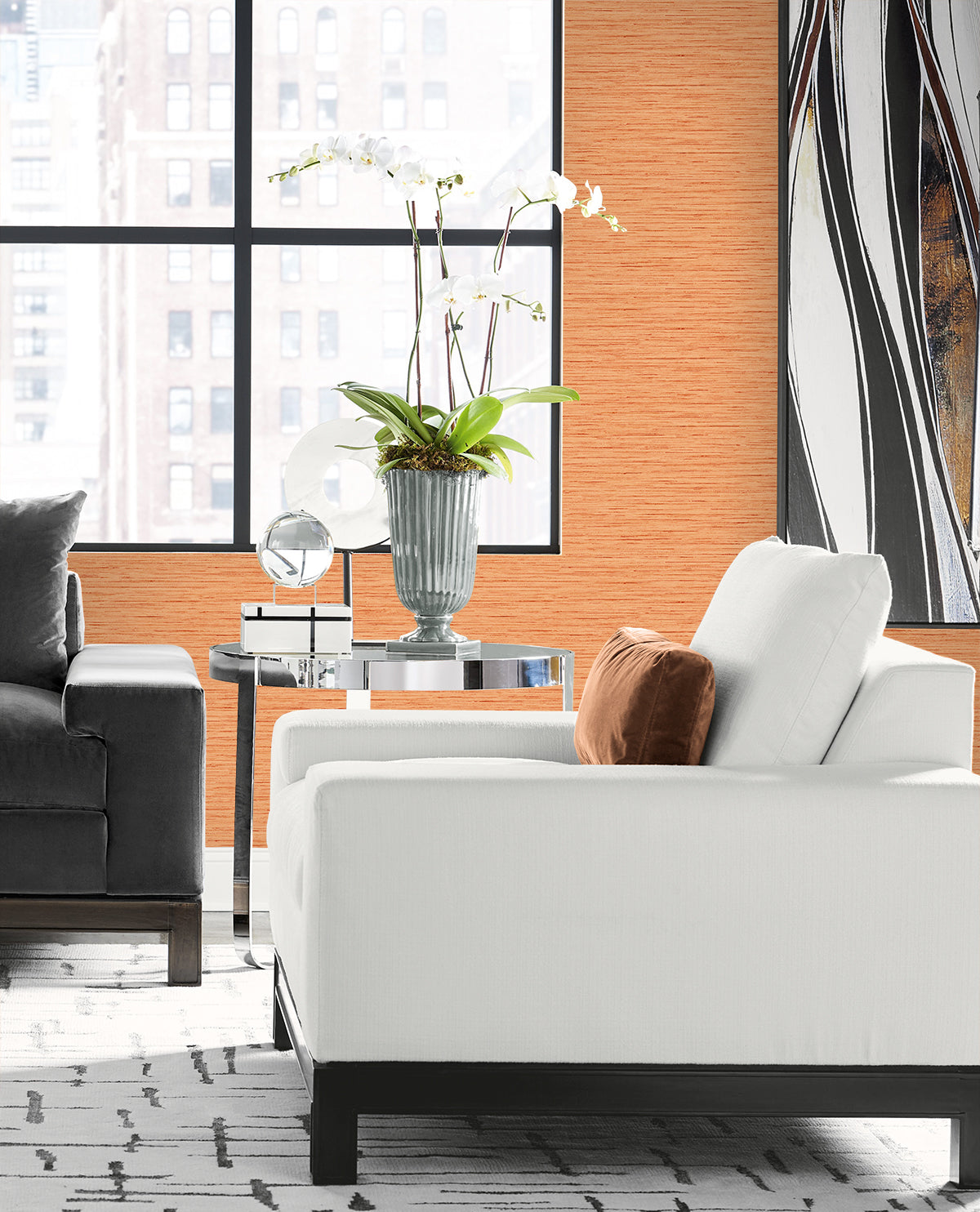 Lillian August Coastal Haven Loe Sanctuary Stria Faux Grasscloth Coastal Orange Matte  - LN41126