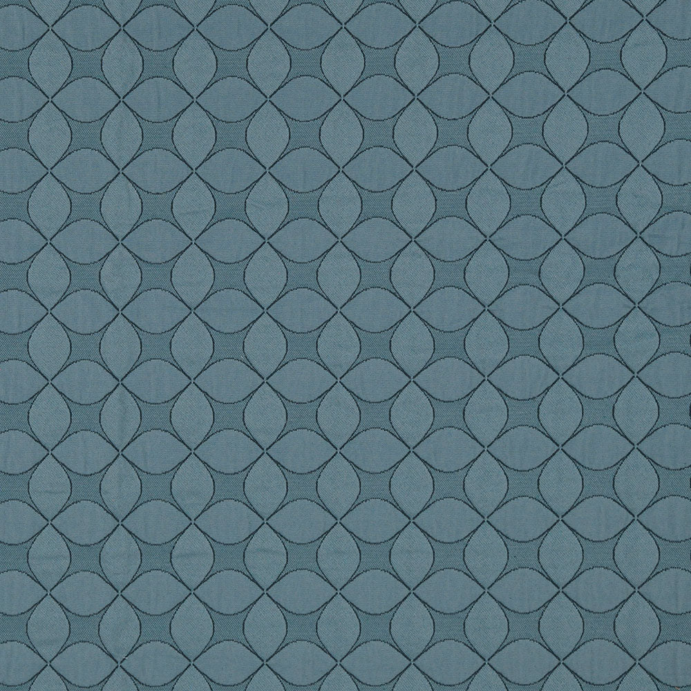 Blue-gray geometric lattice pattern of interlocking circles, a repeating wallpaper or fabric design.