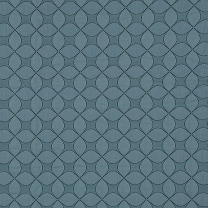 Blue-gray geometric lattice pattern of interlocking circles, a repeating wallpaper or fabric design.