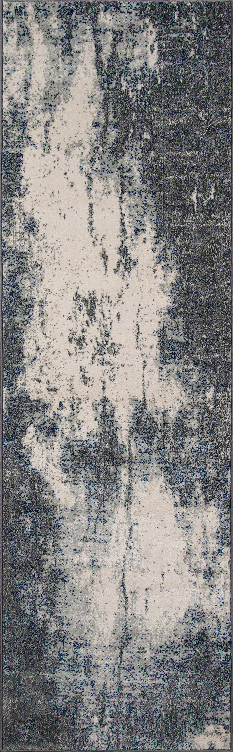 Rectangular gray rug with cream distressed pattern; modern abstract interior decor.