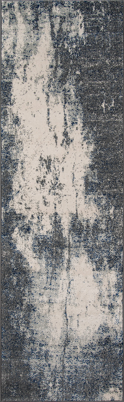 Rectangular gray rug with cream distressed pattern; modern abstract interior decor.