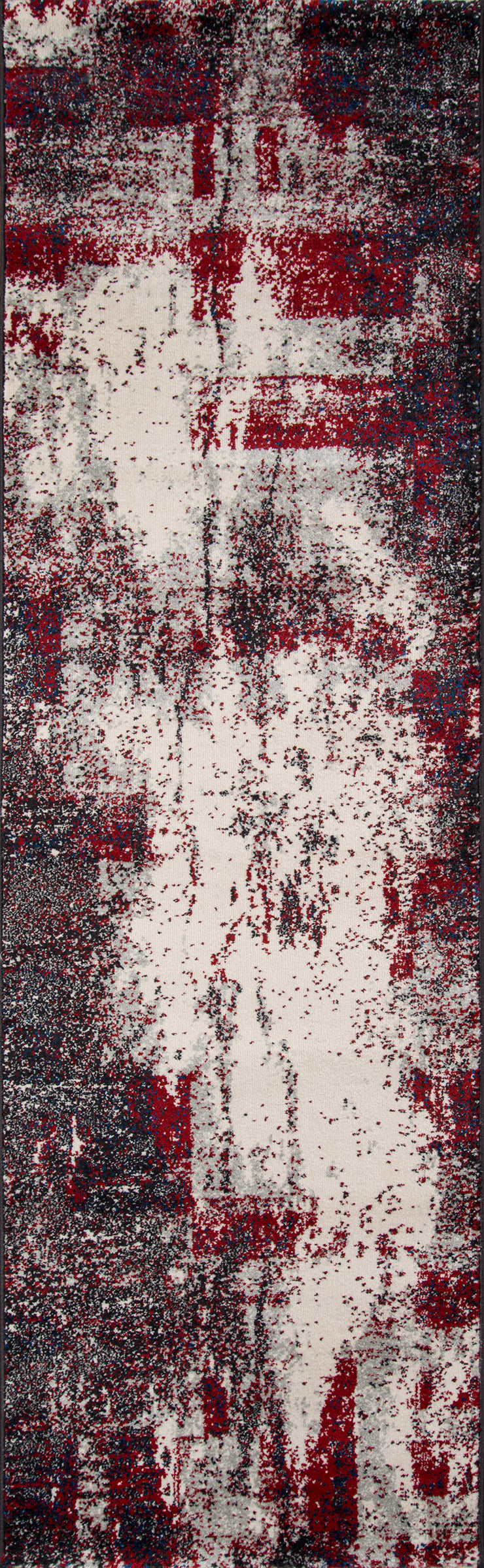 Abstract rug in burgundy, gray and cream with a distressed weave texture.