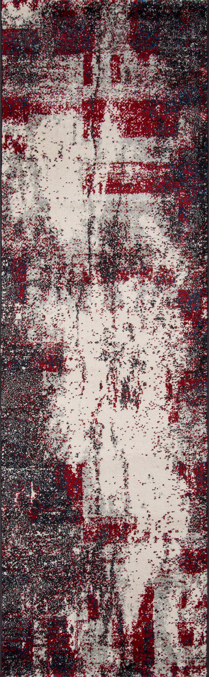 Abstract distressed rug in red, gray and ivory with vertical streaks; textured textile.