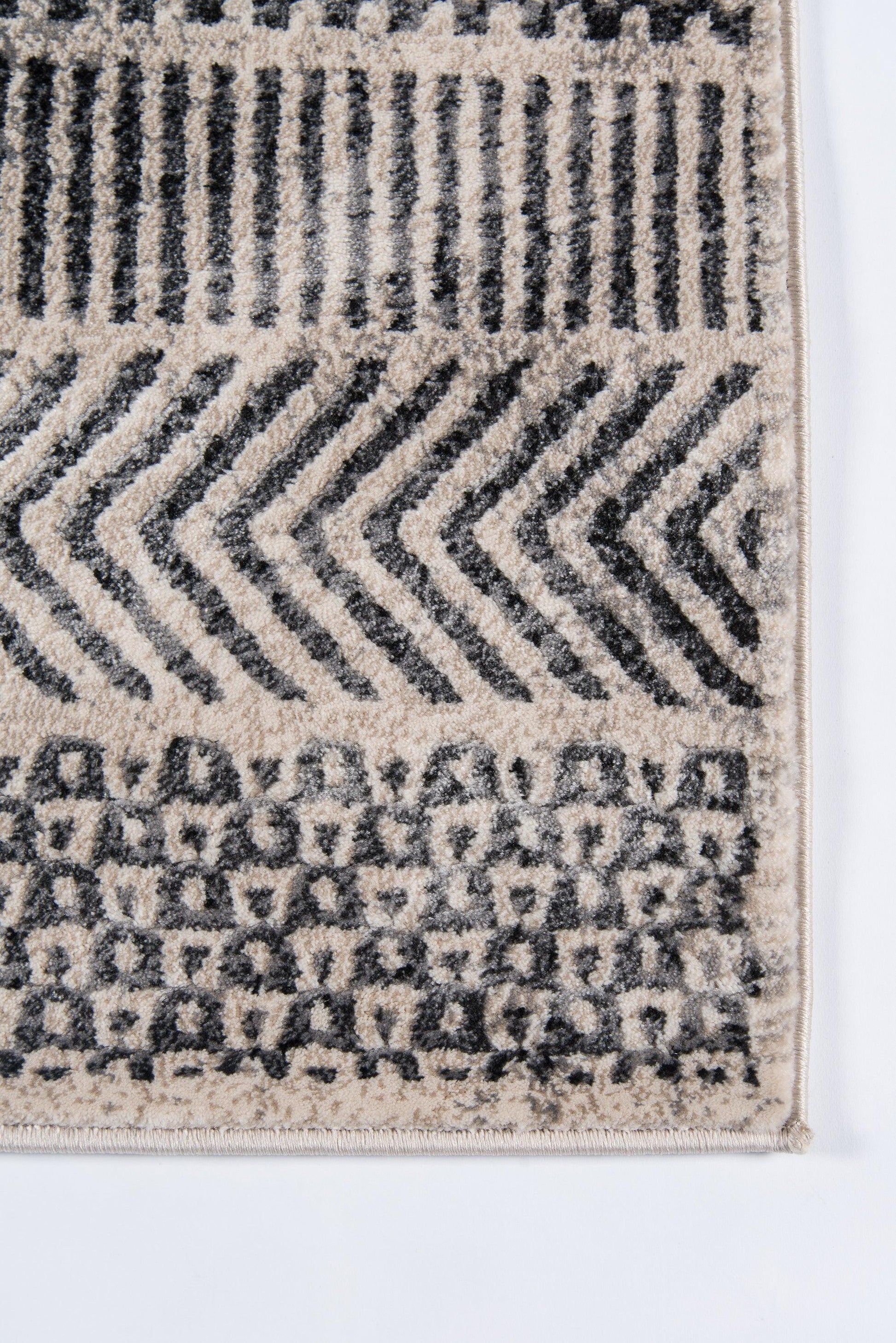 Gray and black geometric area rug with vertical stripes, chevron/zigzag band, and dotted border in a plush weave.