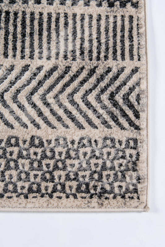 Gray and black geometric area rug with vertical stripes, chevron/zigzag band, and dotted border in a plush weave.