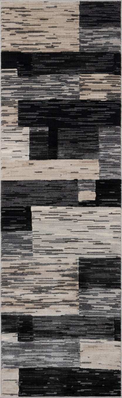 Woven runner rug with abstract block pattern in cream, taupe, gray and black; modern geometric hallway runner.