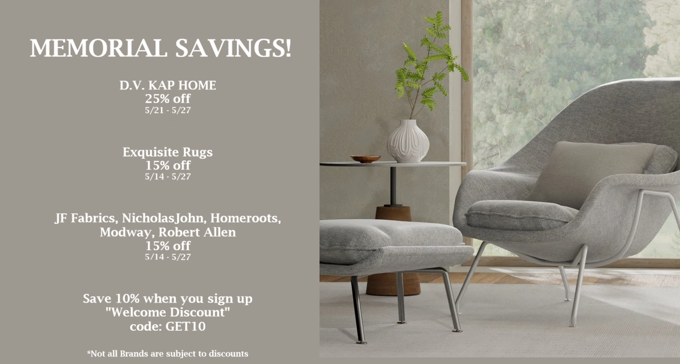 Advertisement for D.V. Kap Home with a gray chair and plant in a room.