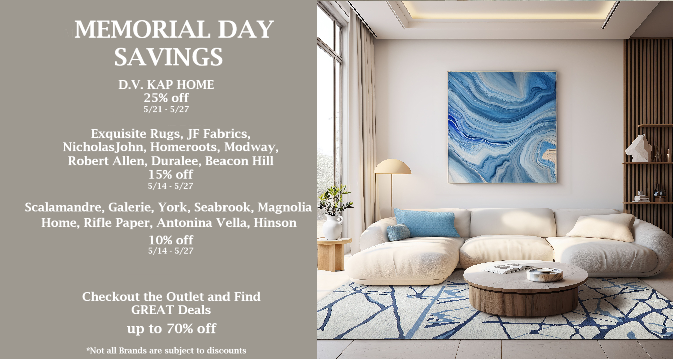 Living room with a blue abstract painting and promotional text for Memorial Day savings on home decor.
