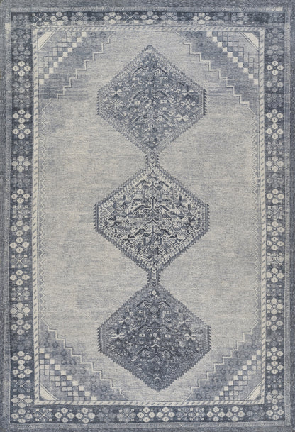 Blue-gray oriental area rug with three connected diamond medallions, distressed vintage look & floral border.