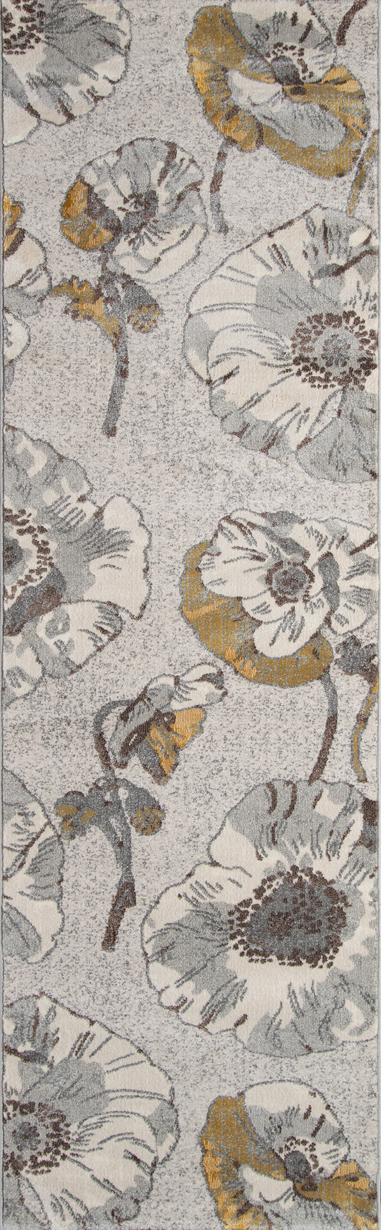 Luxurious floral pattern with gray blossoms and metallic gold accents on a textured light-gray rug