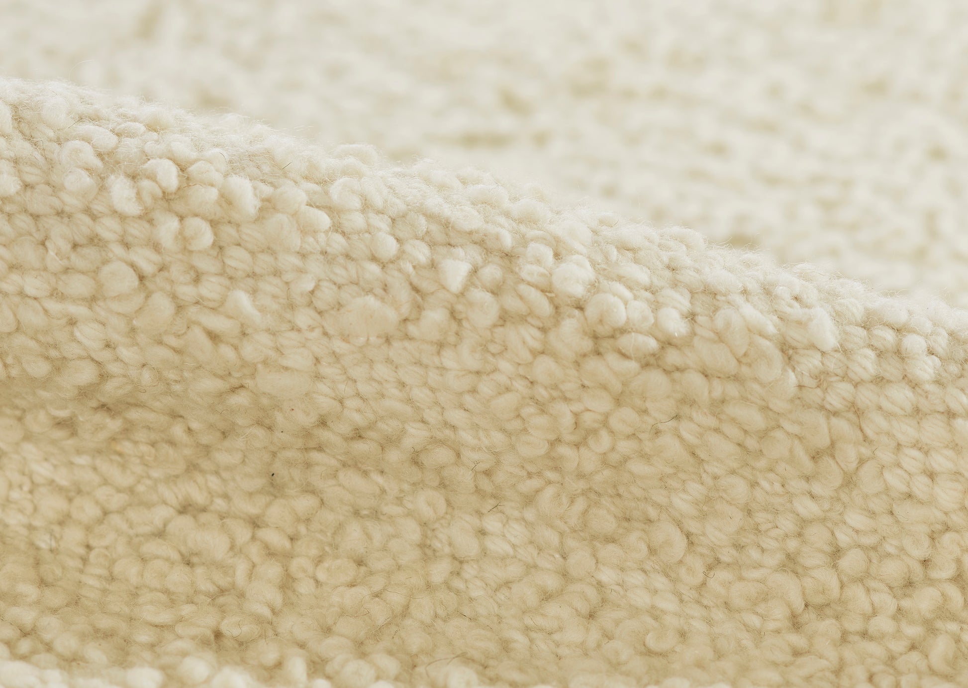 Cream rug featuring sherpa fleece and dense boucle texture; plush, cozy, warm, 6' x 9'.