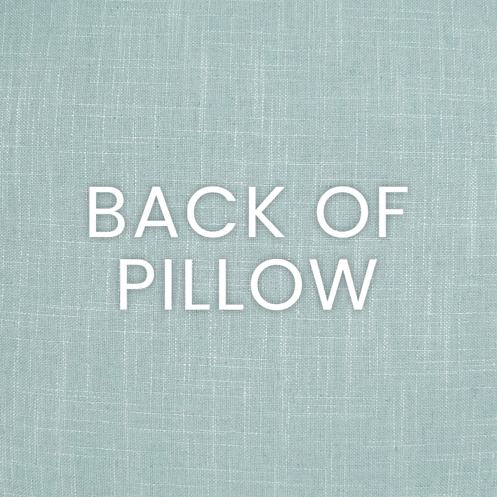 Teal textured fabric backdrop with white 'BACK OF PILLOW' lettering, indicating the pillow's reverse side.