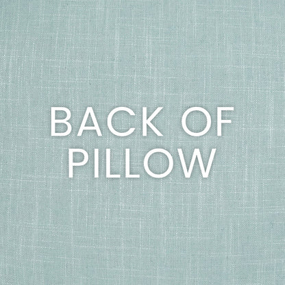 Teal textured fabric backdrop with white 'BACK OF PILLOW' lettering, indicating the pillow's reverse side.