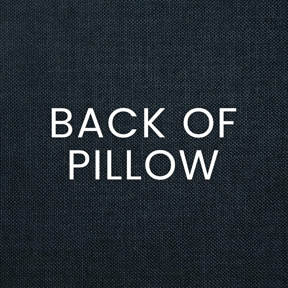 Indigo denim-textured pillow back fabric with white 'BACK OF PILLOW' lettering
