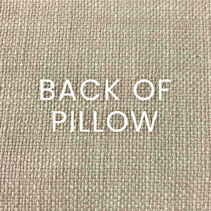 Close-up of coral pillow back in woven fabric with white BACK OF PILLOW text, 24" x 24".