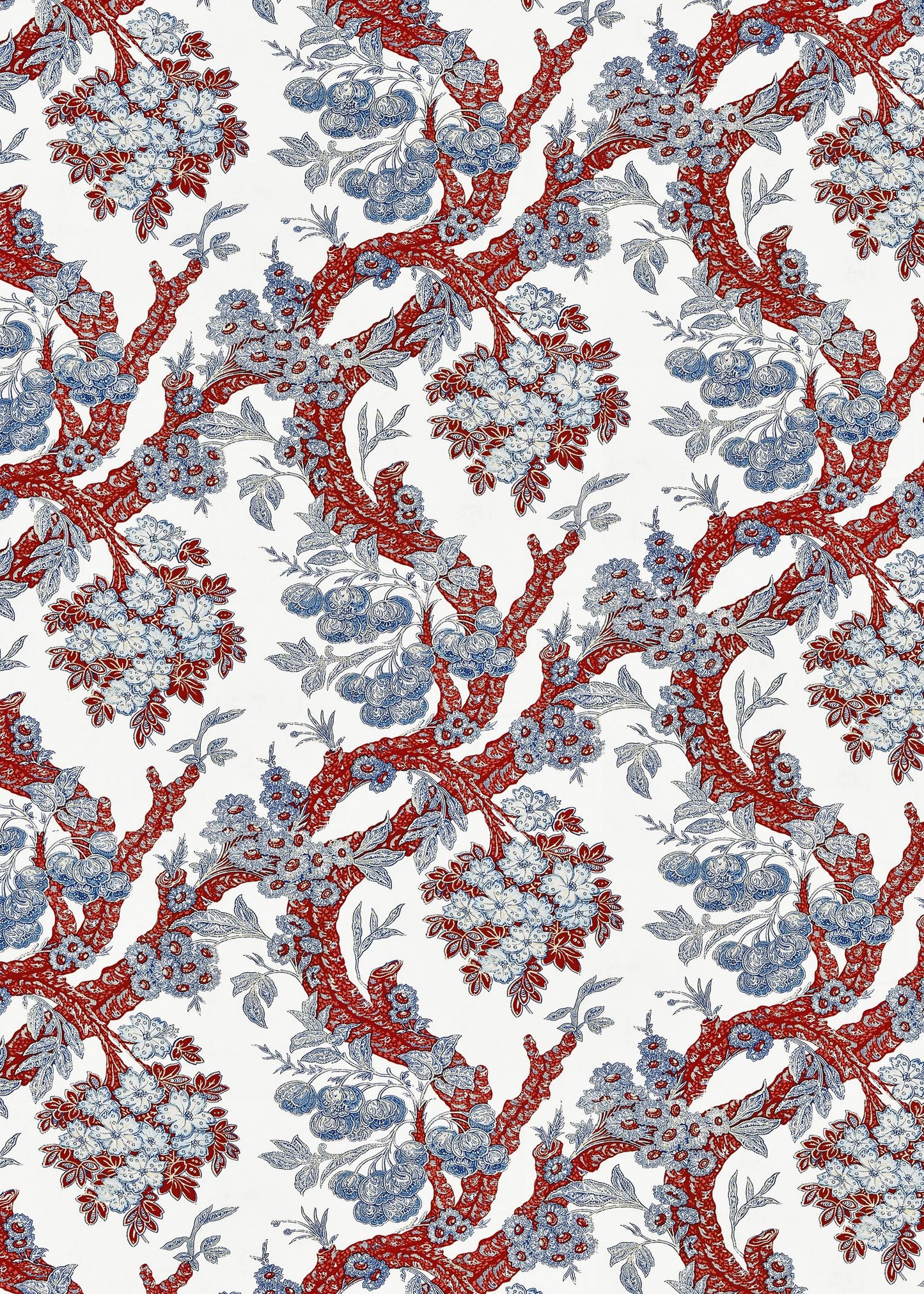 Red tree-like branches with blue floral clusters on white, damask-style pattern.