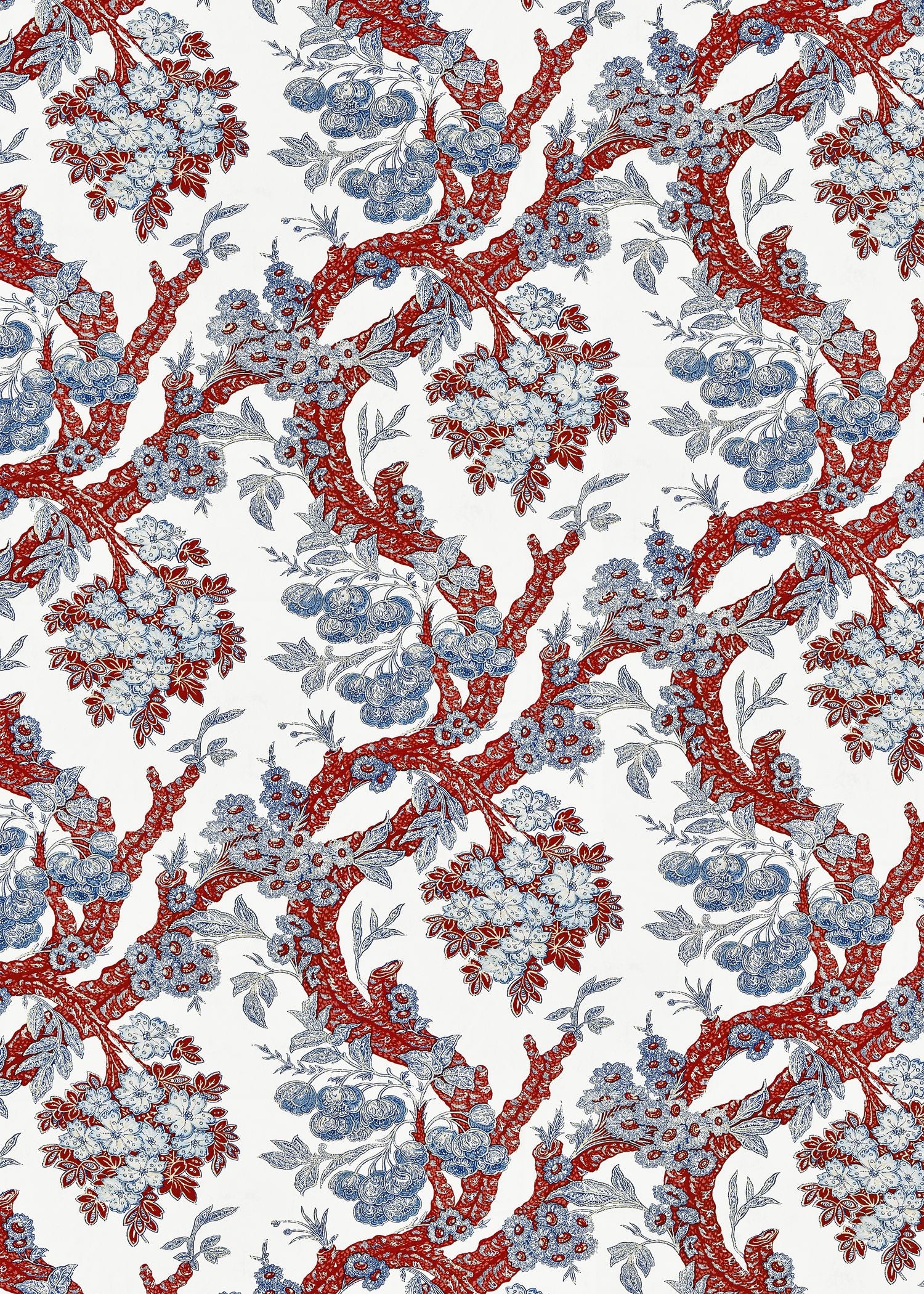 Red tree-like branches with blue floral clusters on white, damask-style pattern.