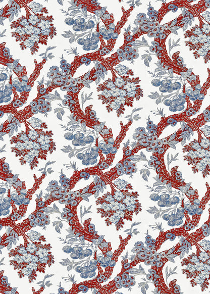 Red tree-like branches with blue floral clusters on white, damask-style pattern.