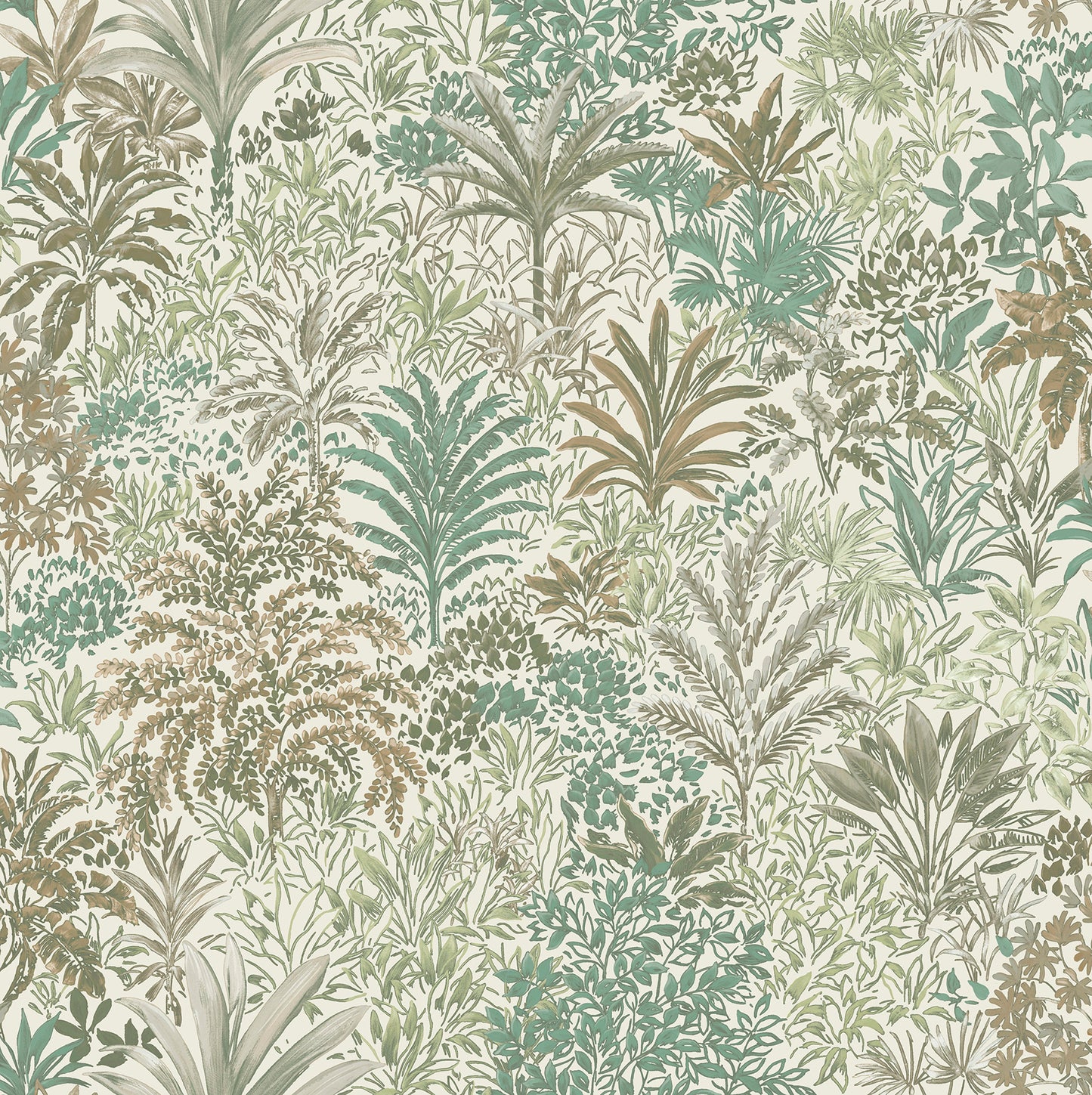 Tropical botanical wallpaper with palms & ferns in green, teal & beige.
