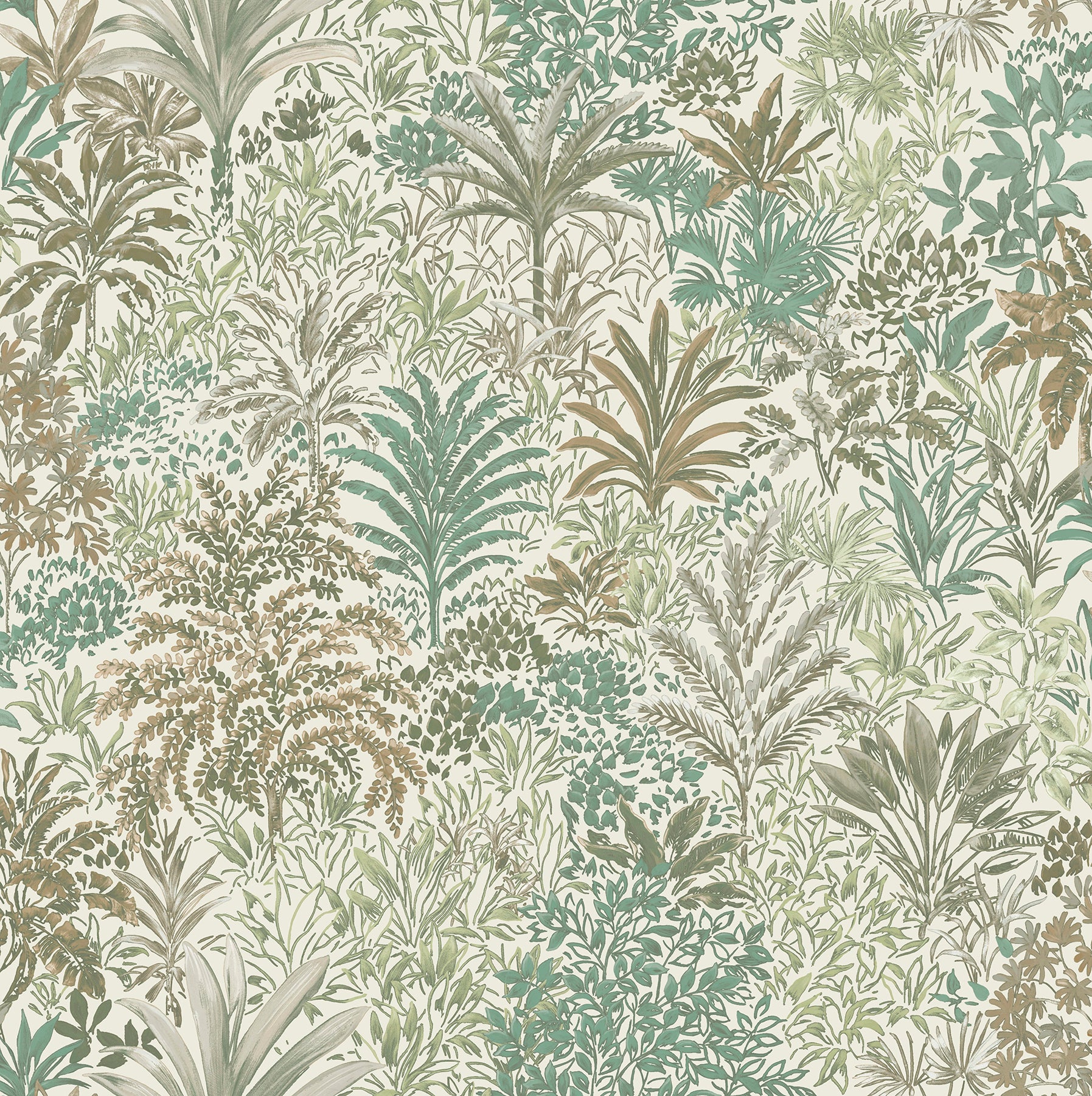 Tropical botanical wallpaper with palms & ferns in green, teal & beige.