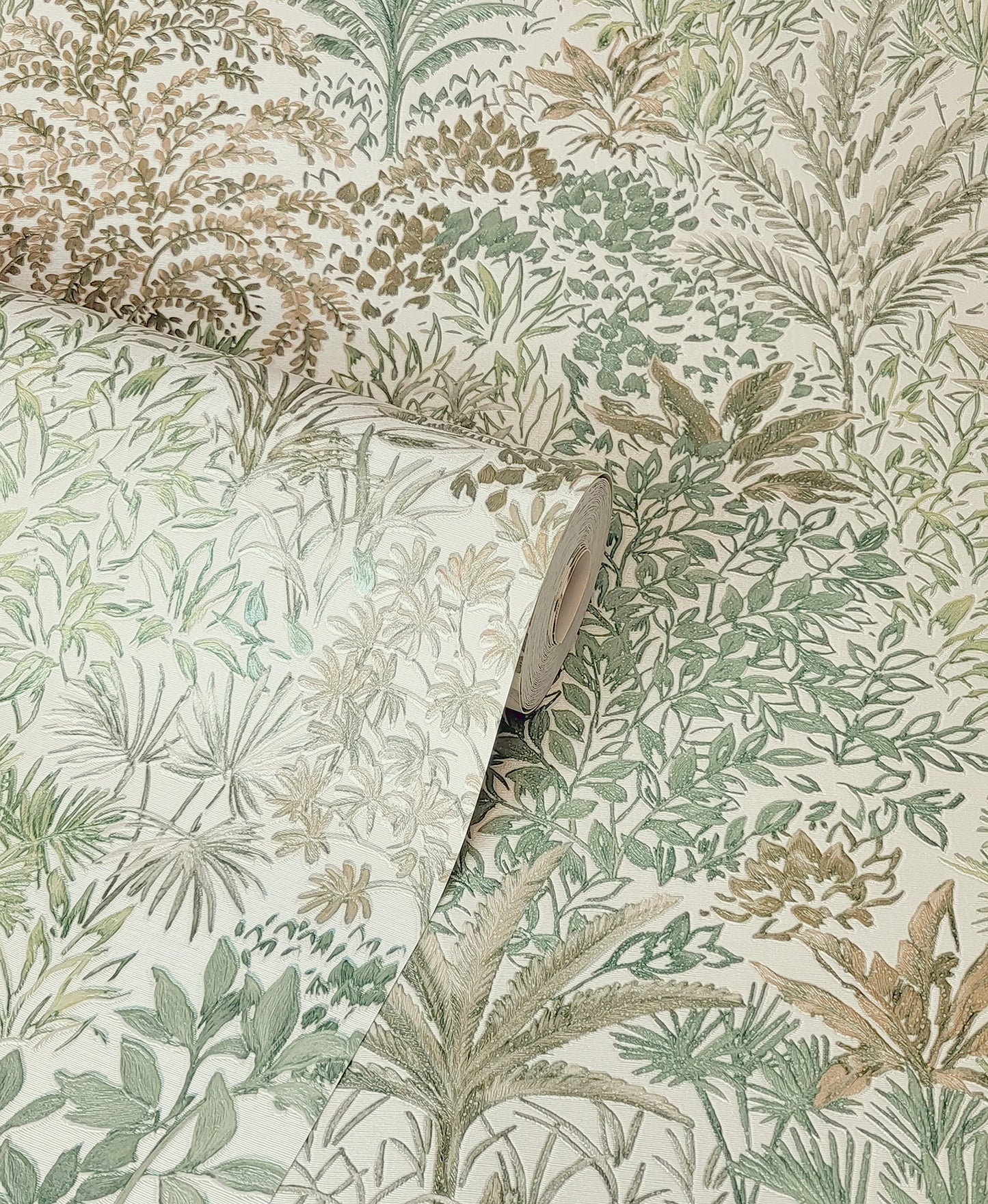 Botanical wallpaper roll featuring tropical green palm leaves on ivory background; textured print.