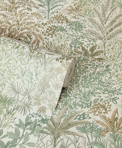 Botanical wallpaper roll featuring tropical green palm leaves on ivory background; textured print.