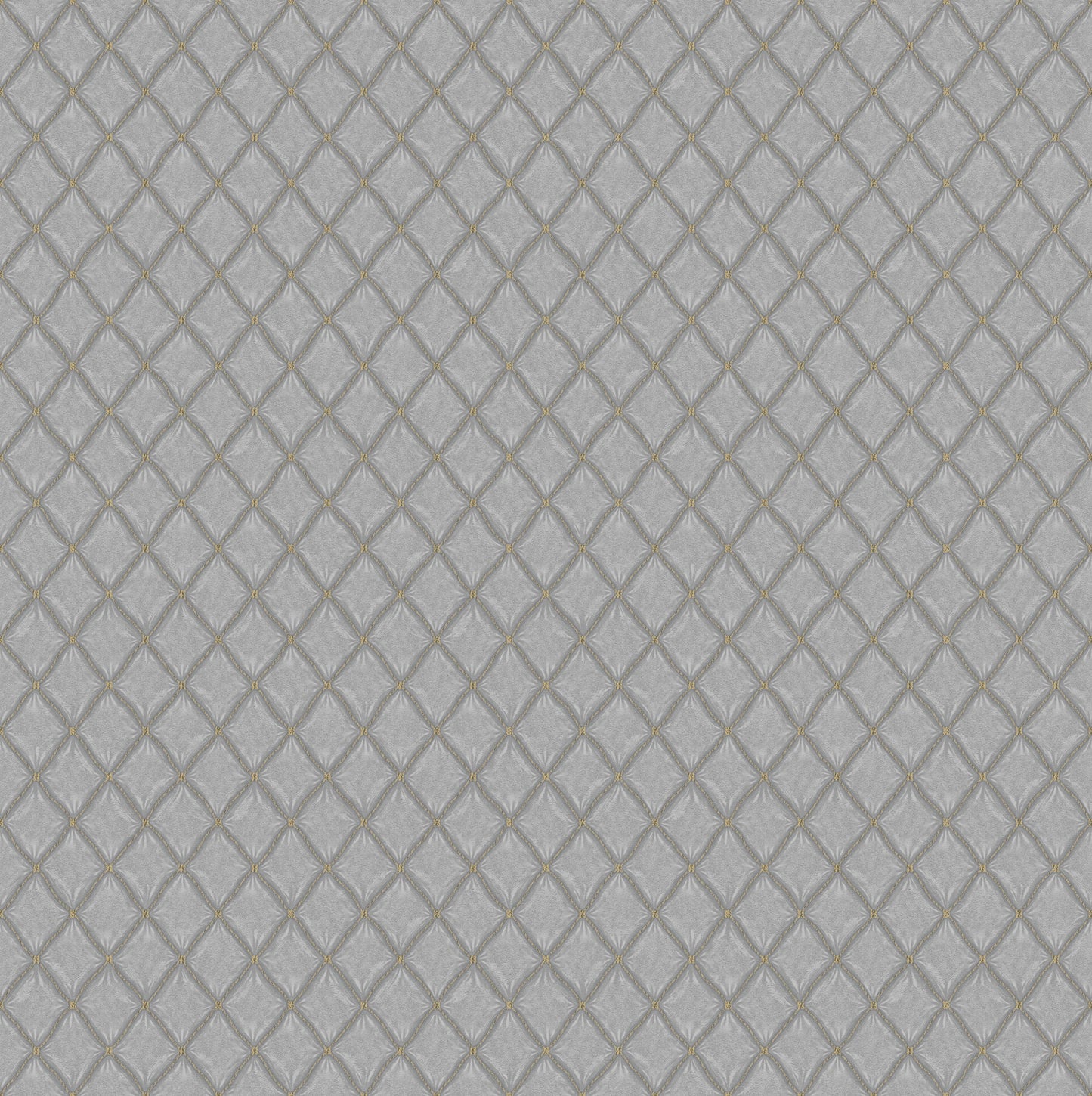 Light gray trellis pattern with natural & grey tones; wallpaper with a subtle beige-gold stitching-like accent.