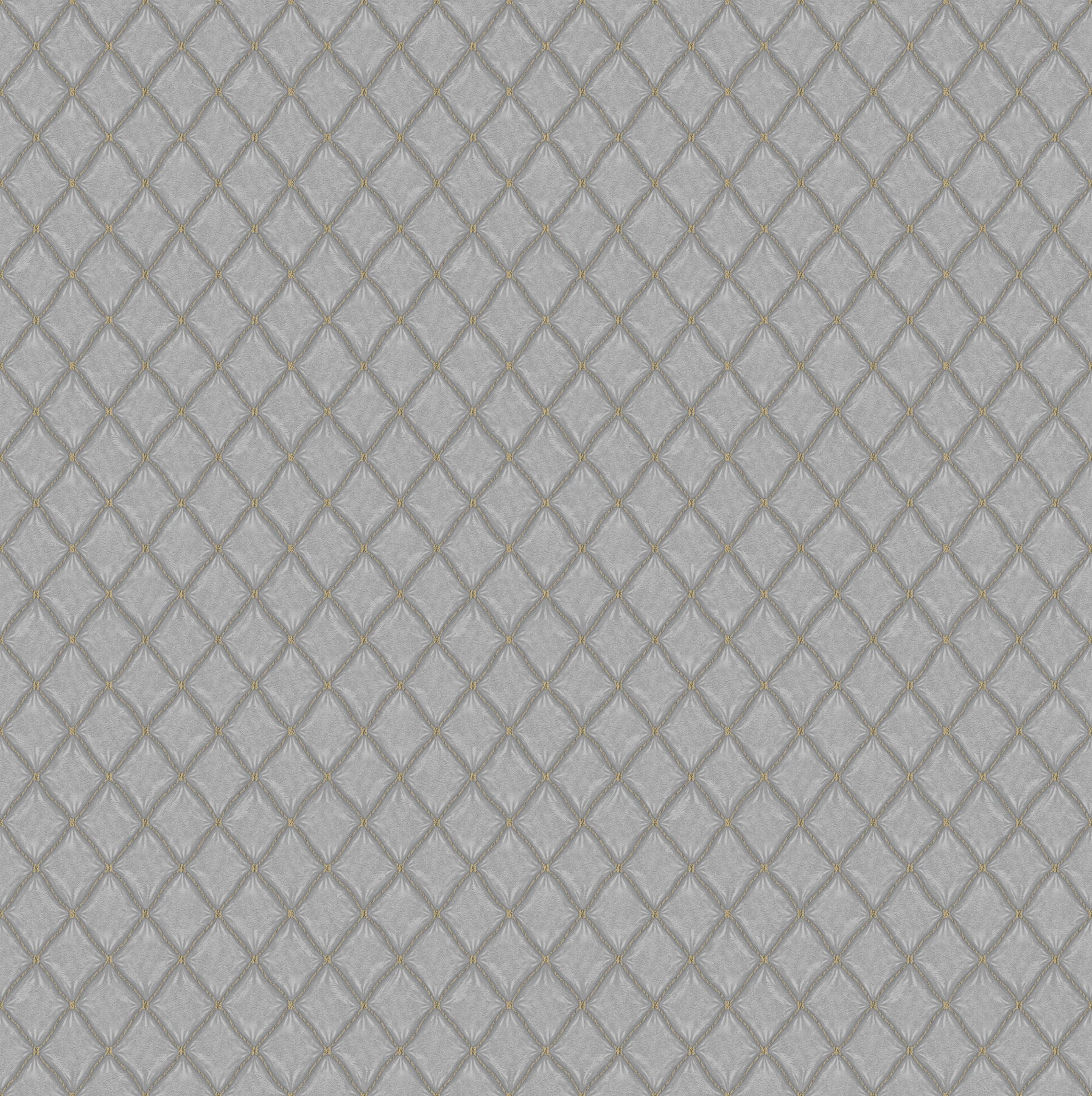 Light gray trellis pattern with natural & grey tones; wallpaper with a subtle beige-gold stitching-like accent.