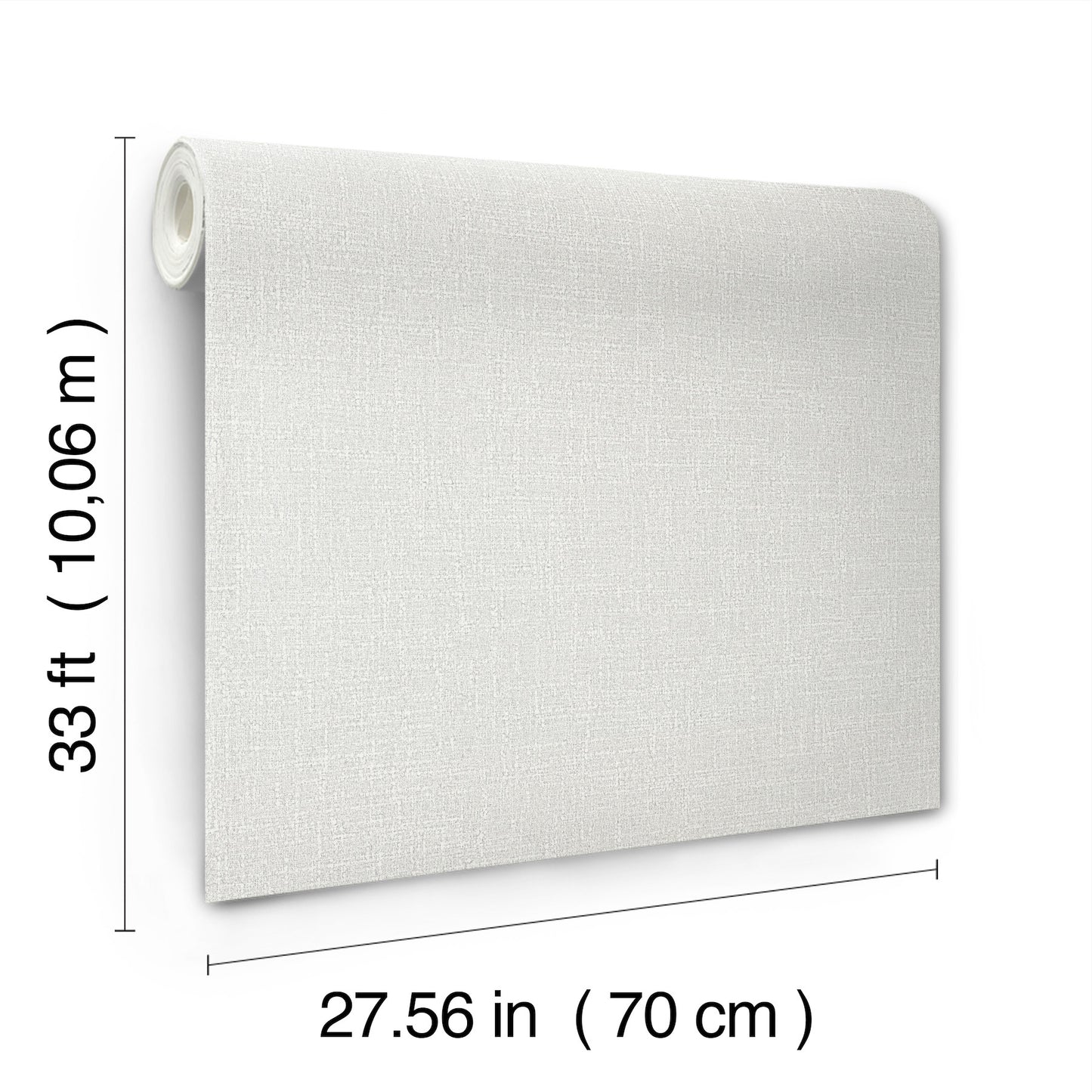 White textured linen wallpaper roll with fabric weave, 70 cm wide x 10 m long.