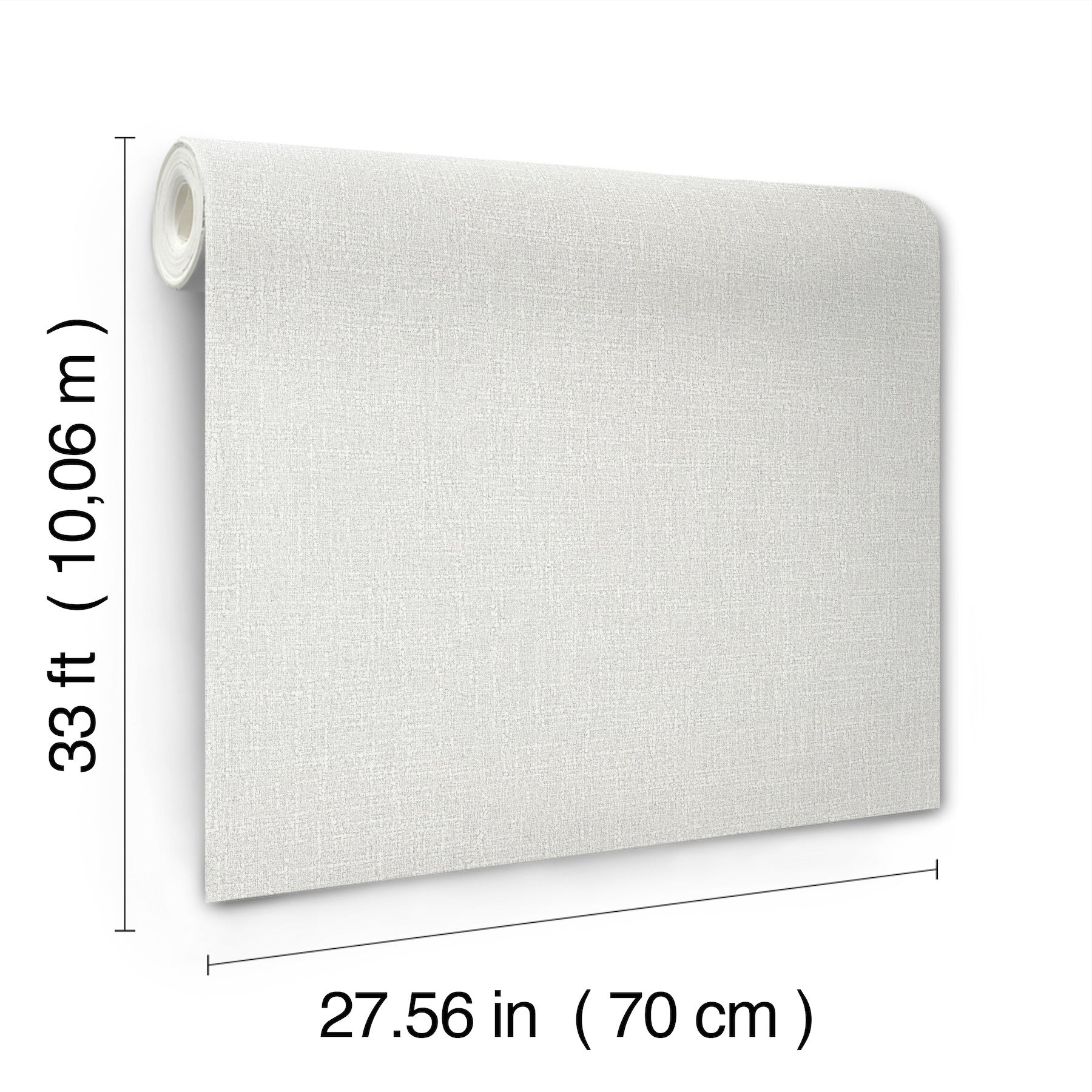White textured linen wallpaper roll with fabric weave, 70 cm wide x 10 m long.