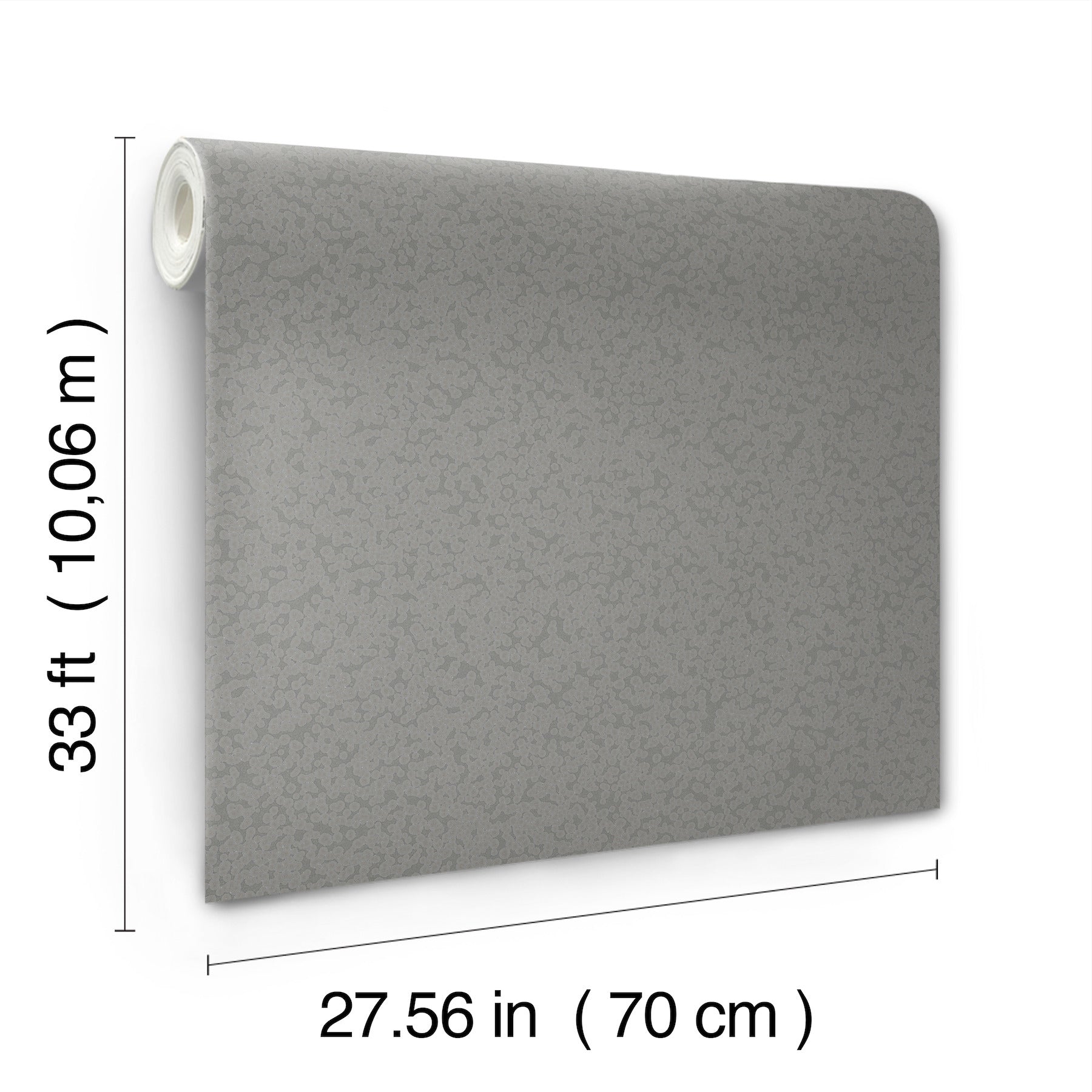 Grey speckled wallpaper roll with textured vinyl, 27.56 in wide by 33 ft long.