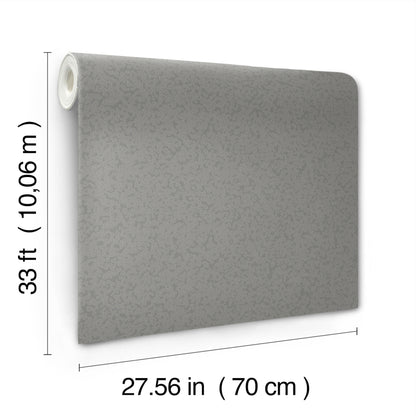 Grey speckled wallpaper roll with textured vinyl, 27.56 in wide by 33 ft long.