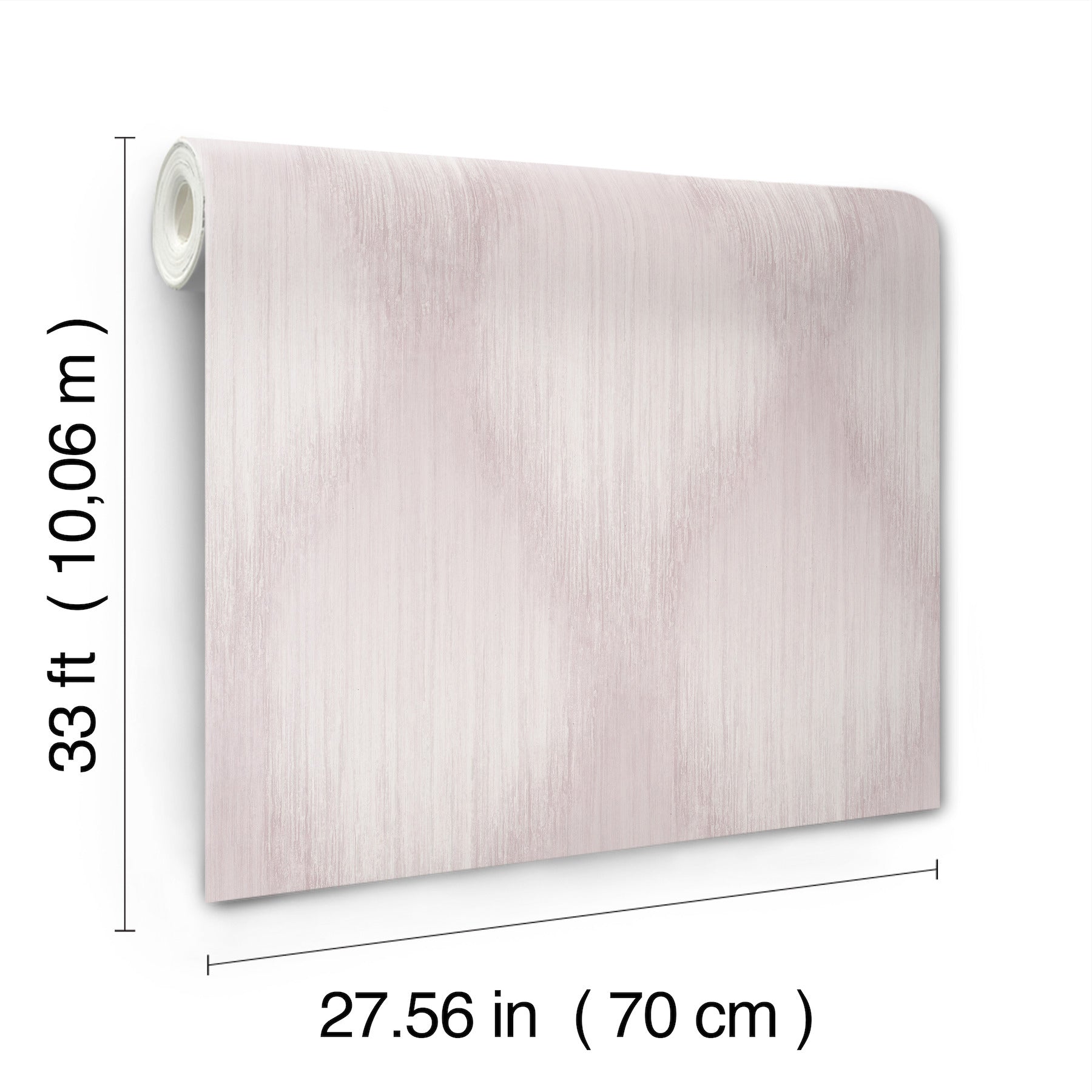 Soft blush-white textured wallpaper roll with a brushed linen pattern, 33 ft long and 27.56 in wide.