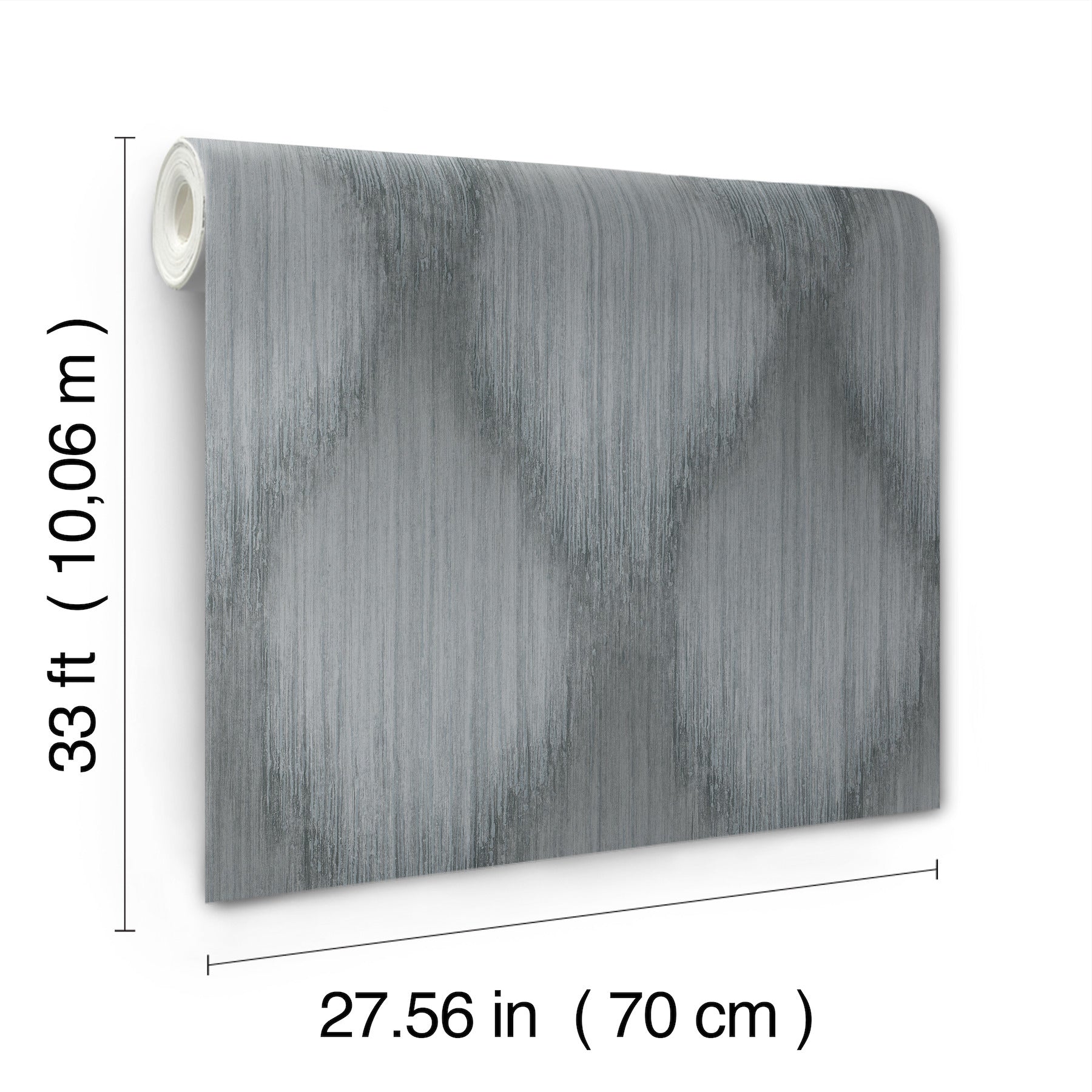 Grey geometric wallpaper roll with overlapping circular pattern; 70 cm wide, 33 ft long, metallic finish