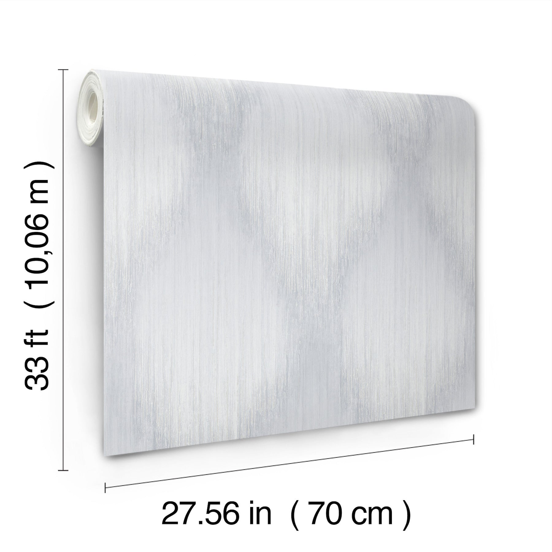 Grey metallic ikat wallpaper roll; long sheet with a left-end roll, 70 cm wide and about 10 m long.
