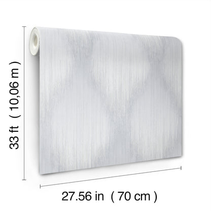 Grey metallic ikat wallpaper roll; long sheet with a left-end roll, 70 cm wide and about 10 m long.