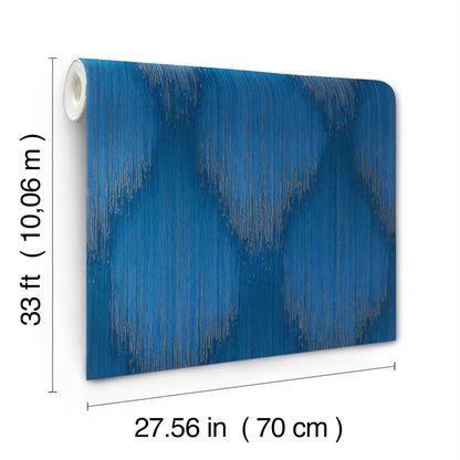 Blue Sapphire Metallic Ikat wallpaper on a roll with subtle gold accents, textured finish; 70 cm wide, 10 m long (33 ft)