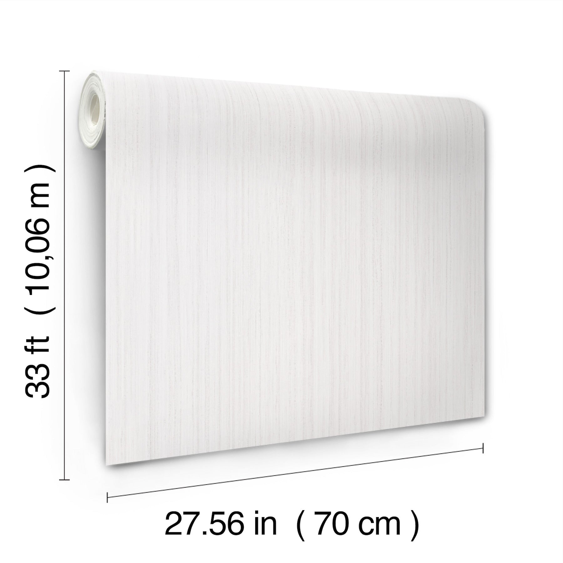 White textured wallpaper roll, 70 cm wide by 10.06 m (33 ft) long.