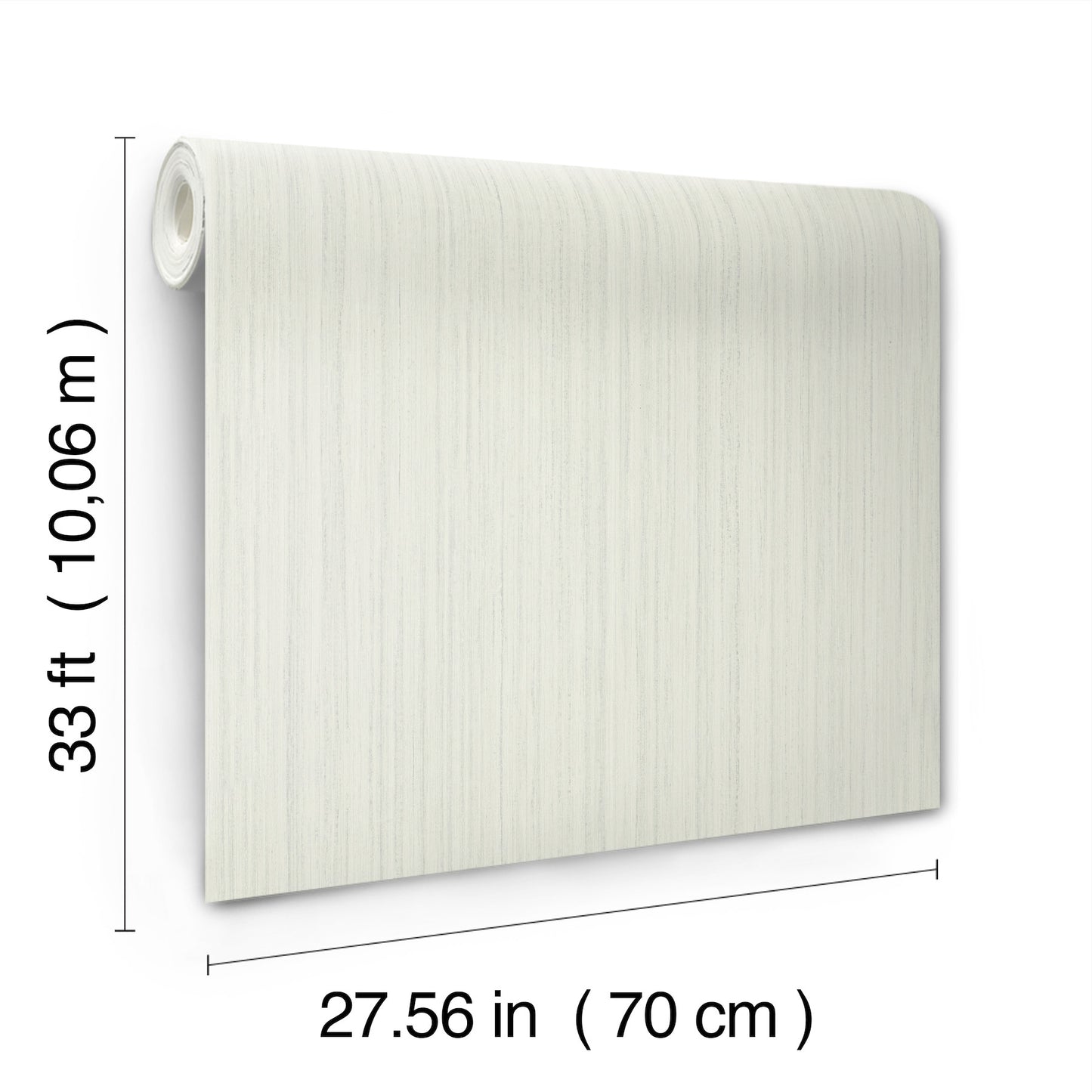White textured wallpaper roll with subtle vertical grain, 33 ft long by 27.56 in wide.