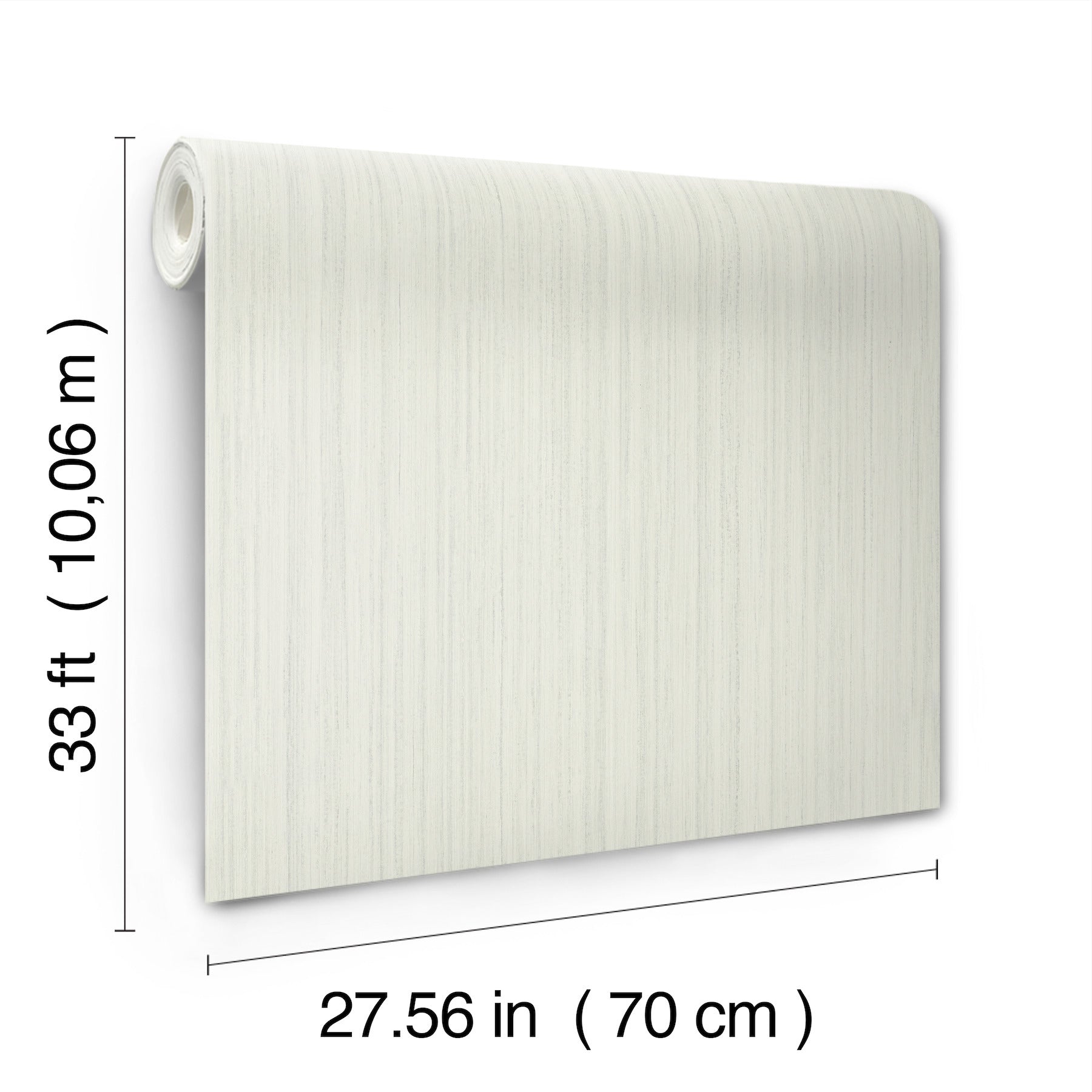 White textured wallpaper roll with subtle vertical grain, 33 ft long by 27.56 in wide.