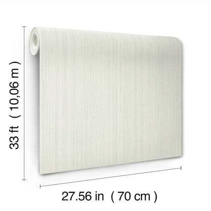 White textured wallpaper roll with subtle vertical grain, 33 ft long by 27.56 in wide.