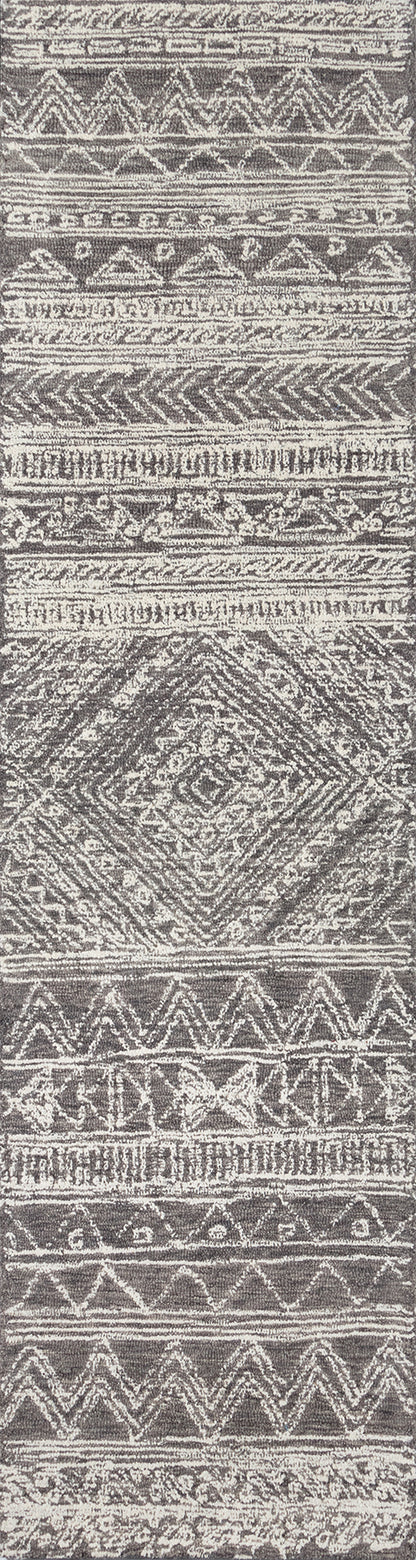 Rectangular gray and white woven rug runner with geometric diamond and triangle bands; rustic tribal decor.