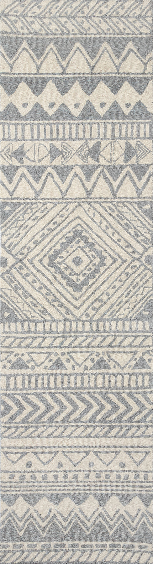 Gray and ivory geometric tribal-pattern rug with chevrons, diamonds, and triangles in horizontal bands.
