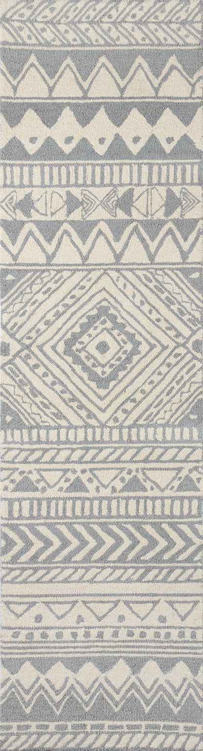 Gray and cream geometric tribal patterned fabric with diamonds, chevrons, and stepped borders.