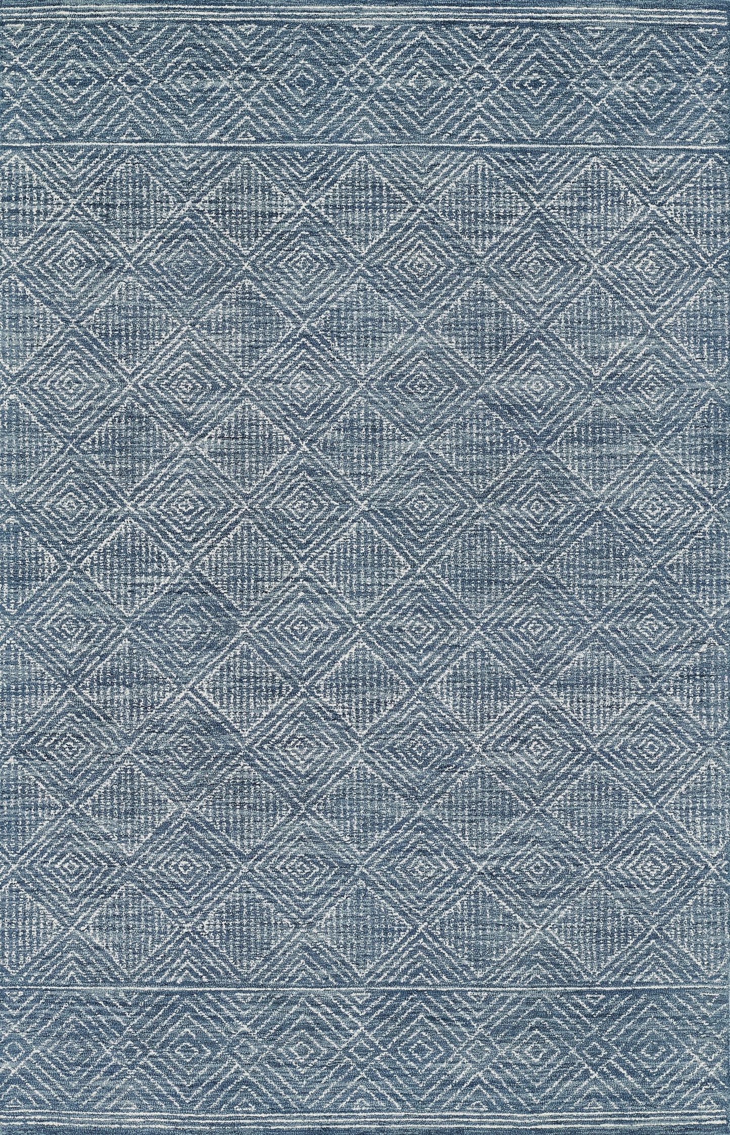Blue denim-style rug featuring a repeating diamond lattice geometric pattern and bordered trim.