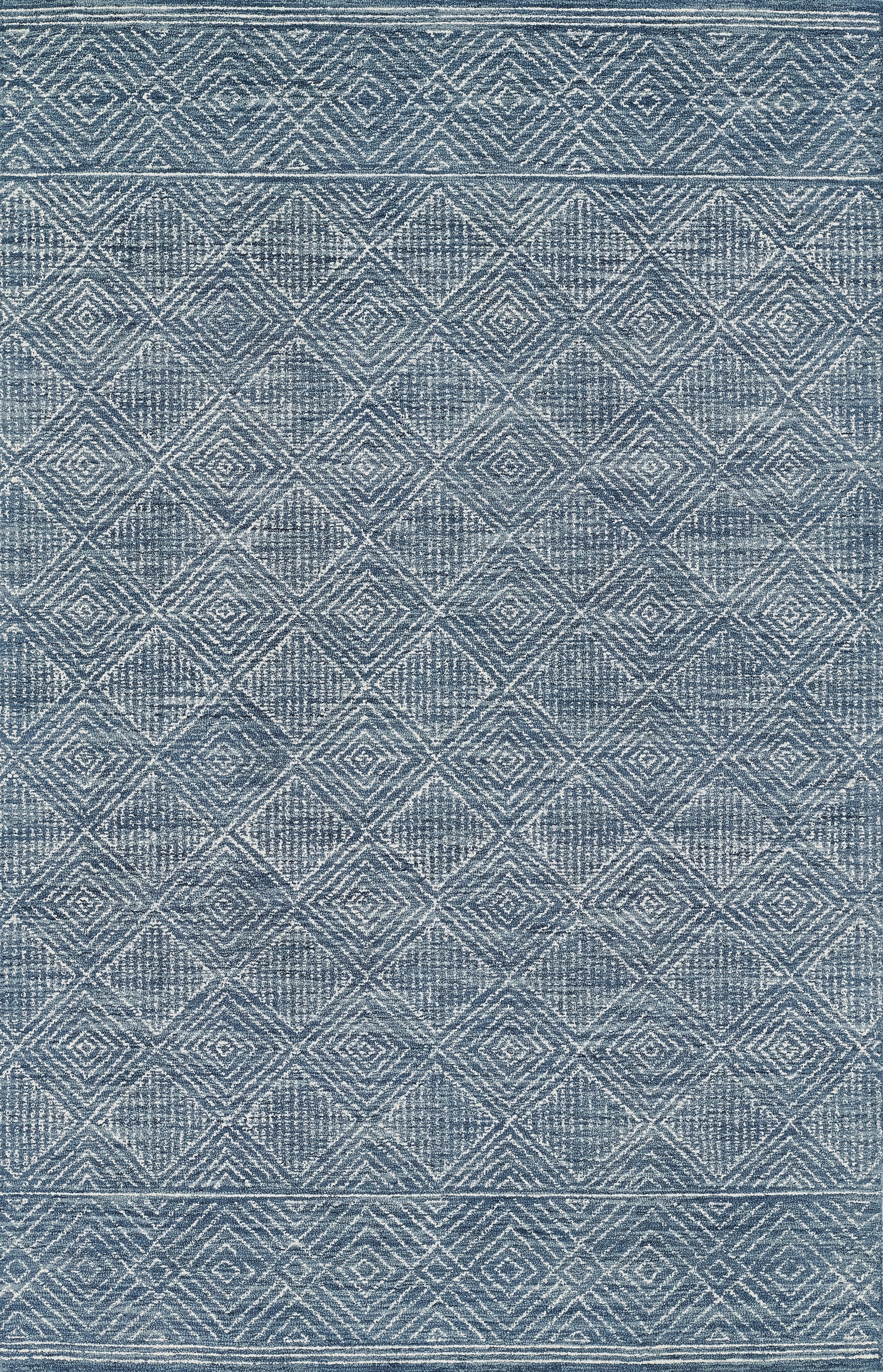 Blue denim-style rug featuring a repeating diamond lattice geometric pattern and bordered trim.