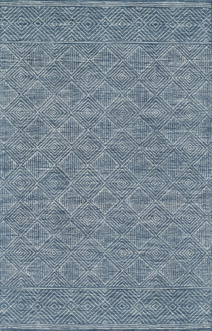 Blue denim-style rug featuring a repeating diamond lattice geometric pattern and bordered trim.