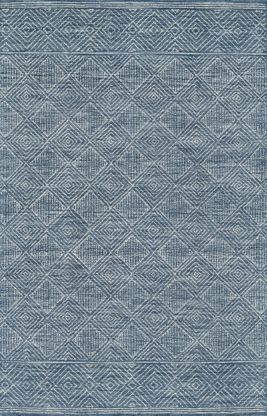 Blue denim-style rug featuring a repeating diamond lattice geometric pattern and bordered trim.